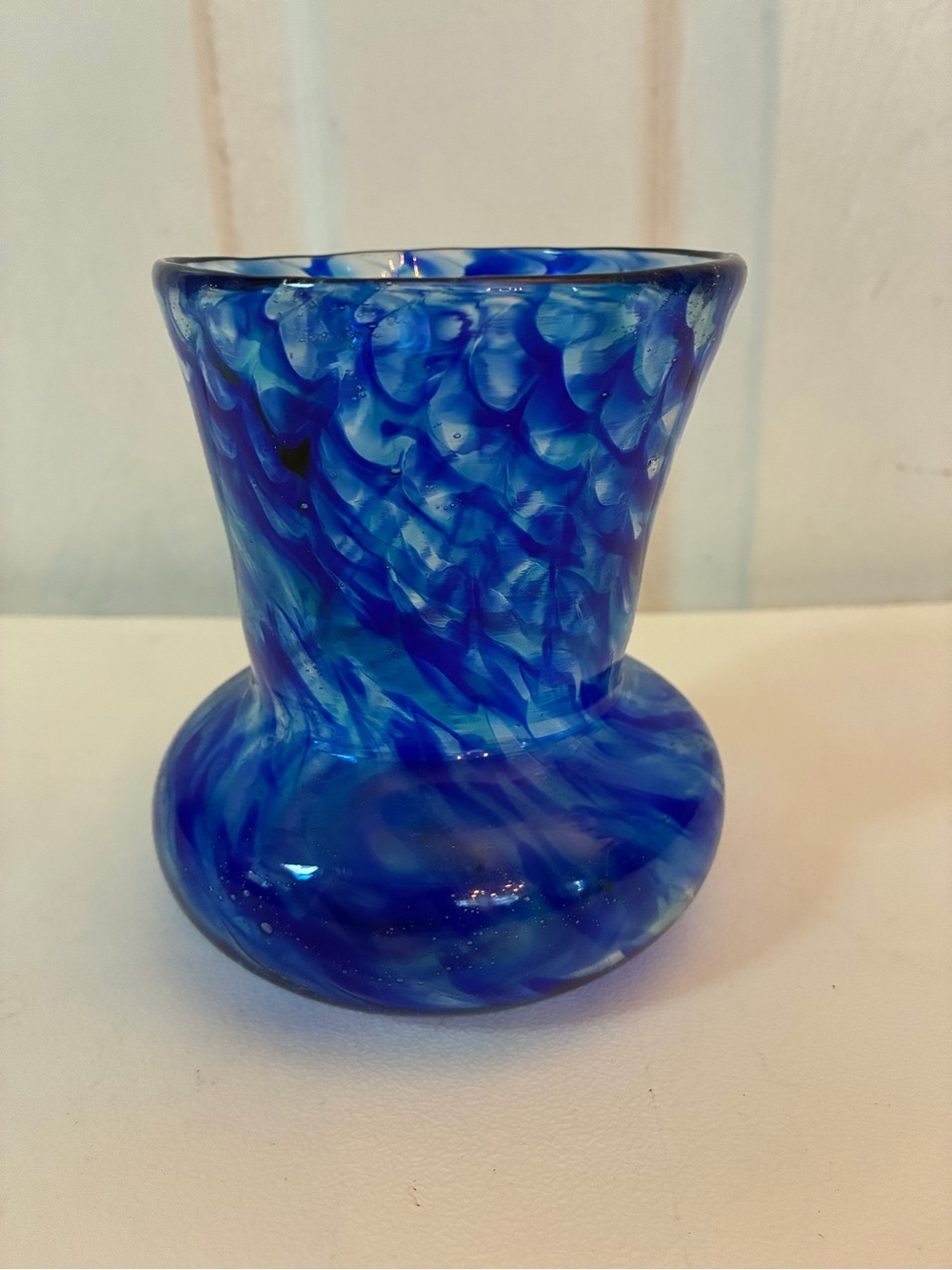 Hand-Blown Blue White Marbled Swirl Glass Vase Wide Rounded Base Signed